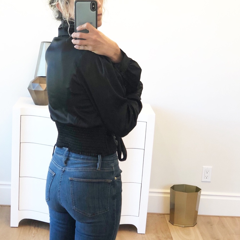 MILAN Black Cropped Keyhole Mock Tie Blouse - Picture 7 of 12